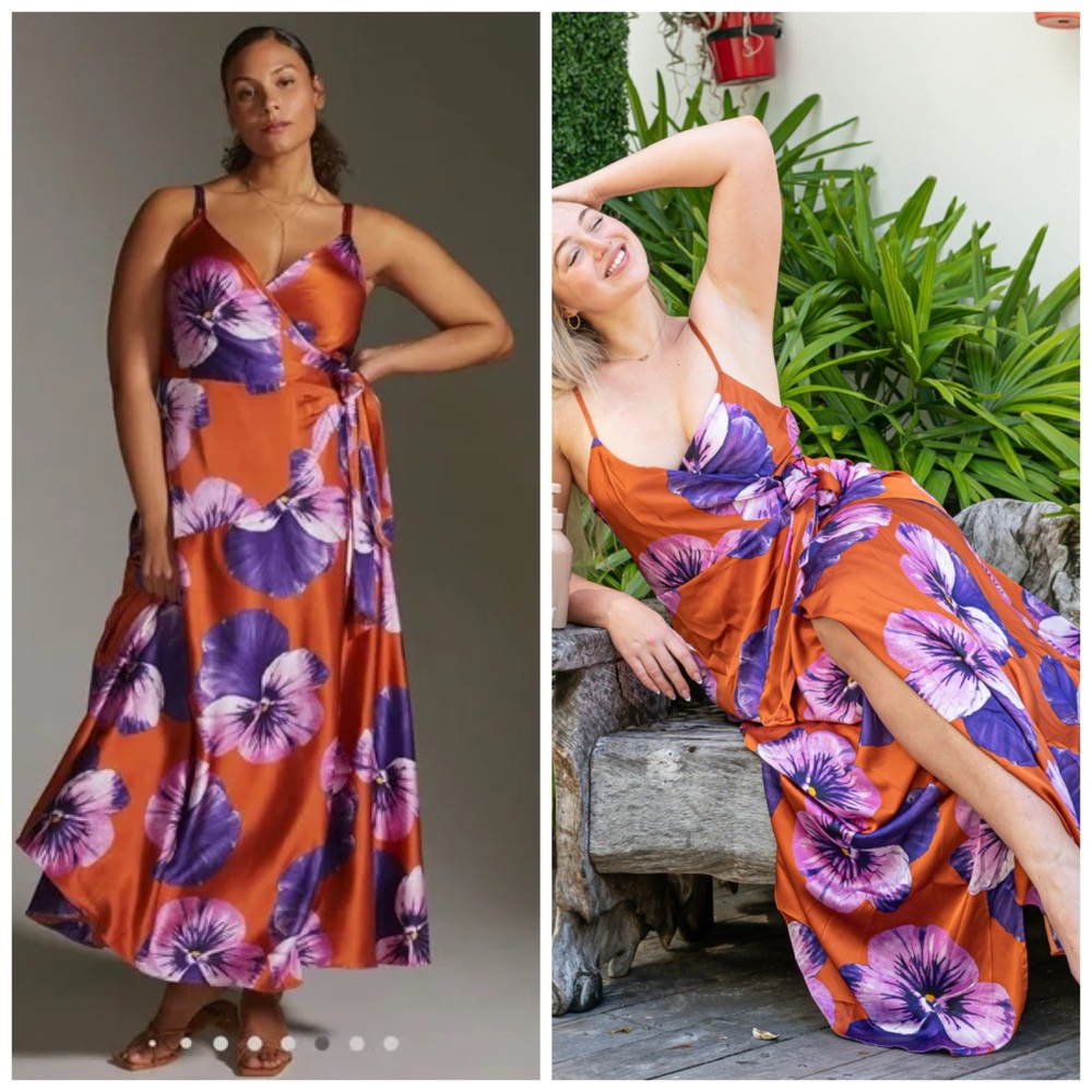Orange Floral Wrap Maxi Dress with Purple Bloom Print